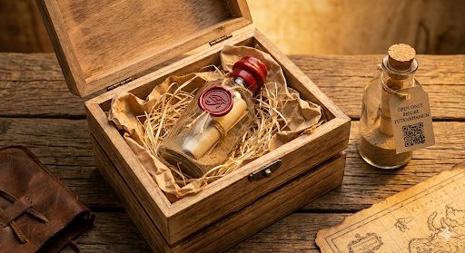 Vintage Egyptian Mystery Box mood - Antique wooden desk with papyrus scroll, wax seal, and glowing lantern