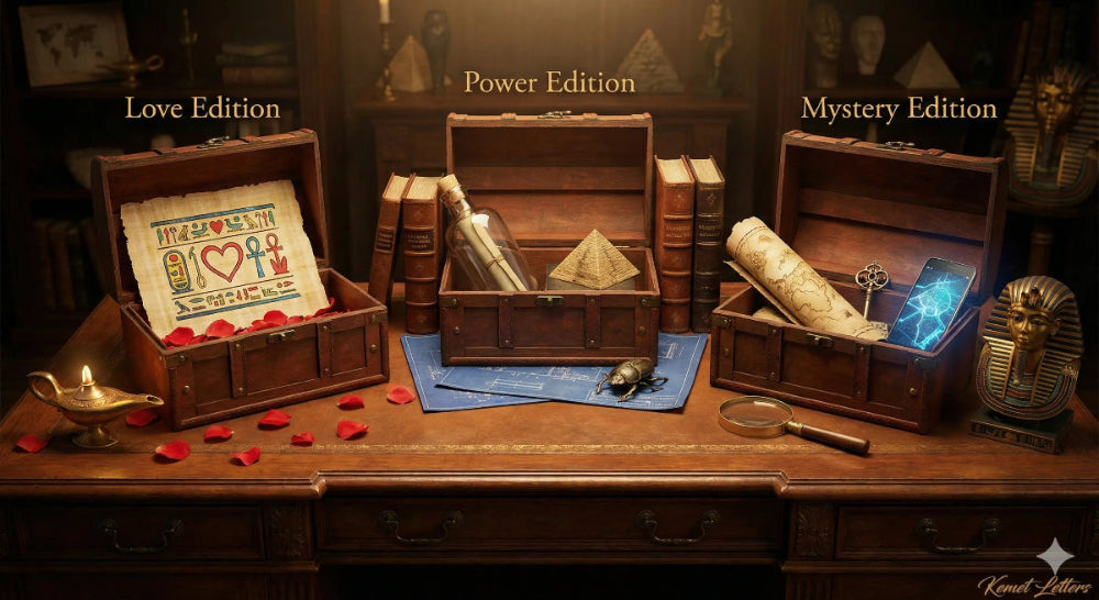 Kemet Letters Full Collection - The Love, Mystery, and Power Edition wooden chests display